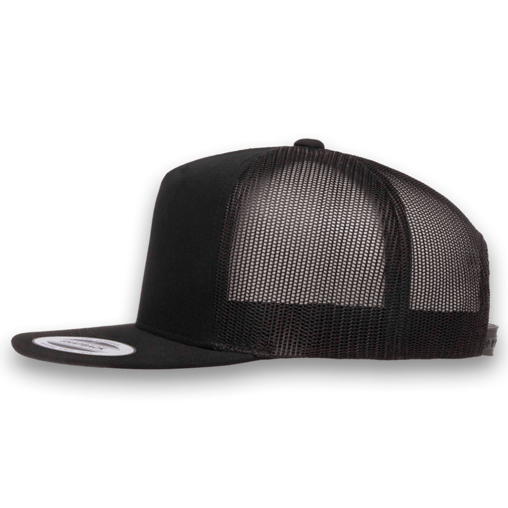 Blackout lifestyle alt: Man wearing blackout GOON Support Your Local FD Richardson 112 trucker hat driving vintage Ford truck, black on black murdered out silicone patch Firefighter Gift