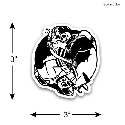 firefighter helmet skull holding an axe and hose sticker