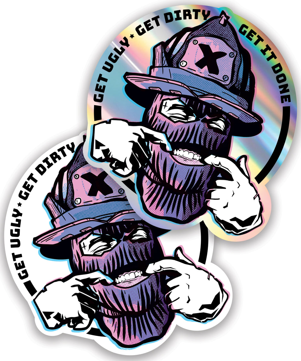A holographic helmet sticker with a illustration of a firefighter character with a hat, giving a thumbs up, with a rainbow effect that changes with light and perspective.