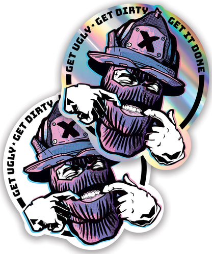 A holographic helmet sticker with a illustration of a firefighter character with a hat, giving a thumbs up, with a rainbow effect that changes with light and perspective.
