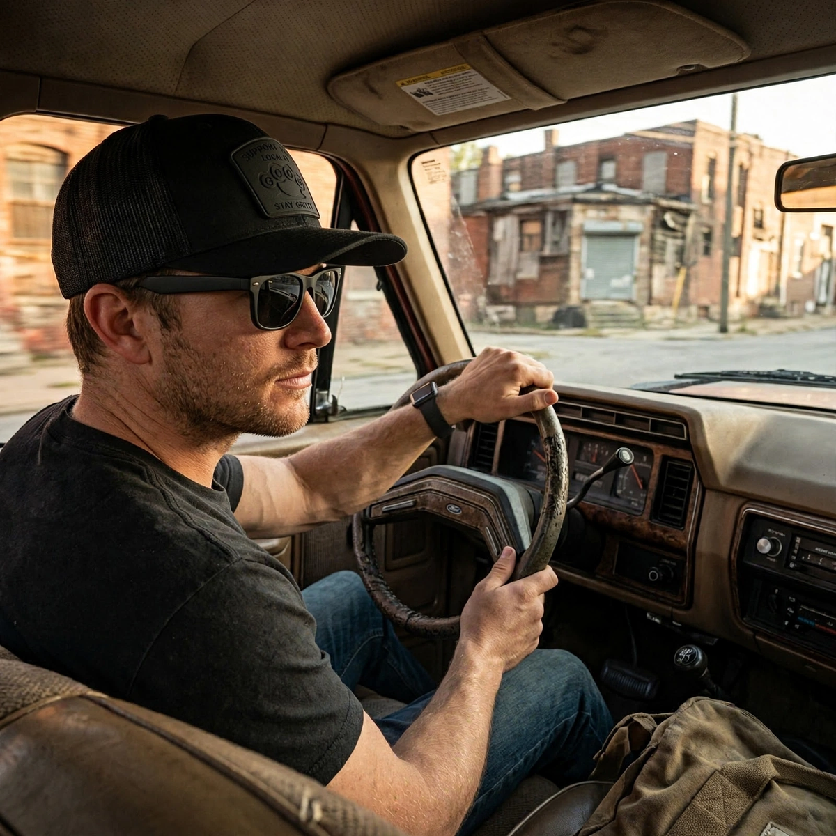 Blackout lifestyle alt: Man wearing blackout GOON Support Your Local FD Richardson 112 trucker hat driving vintage Ford truck, black on black murdered out silicone patch Firefighter Gift
