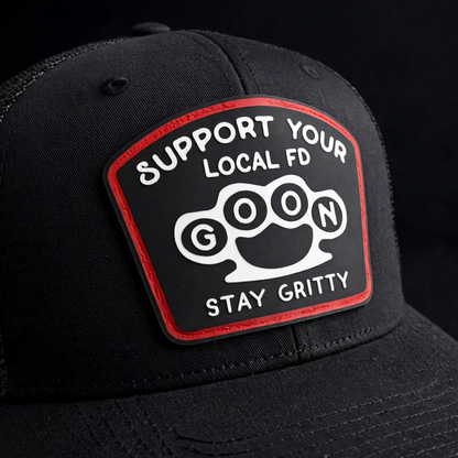 close up on support your local fd goon firefighter trucker hat