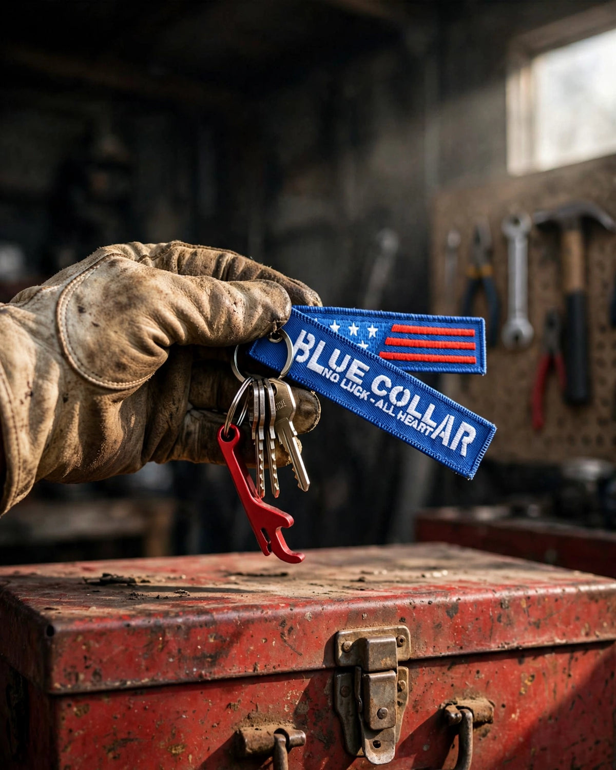 Blue Collar Keychain Bottle Opener - No Luck All Heart USA Tag