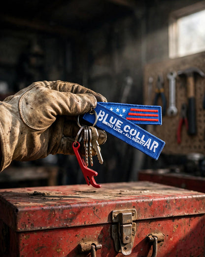 Blue Collar Keychain Bottle Opener - No Luck All Heart USA Tag