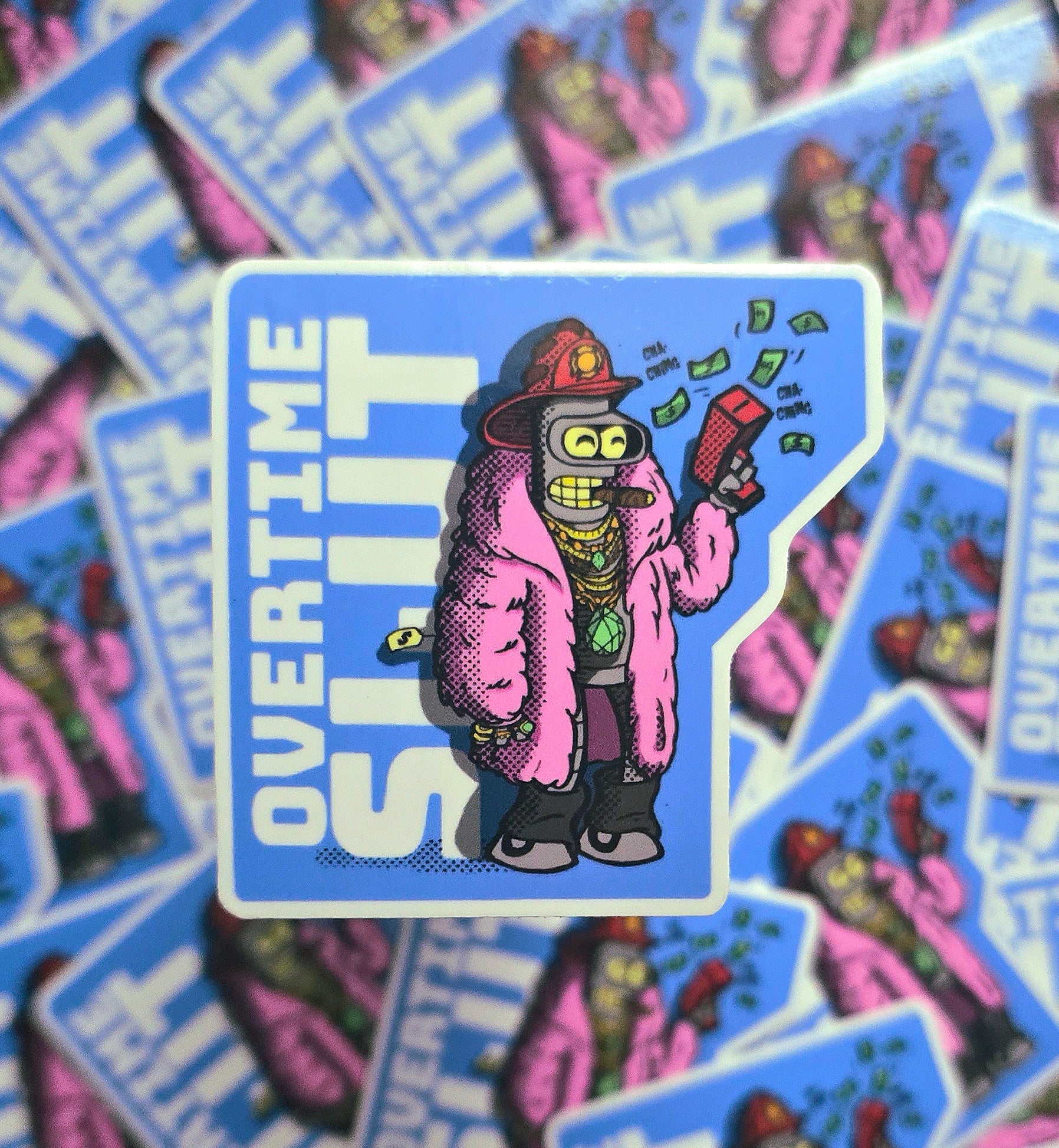 Firefighter Sticker with character in pink coat and 'Overtime Slit' text on blue background
