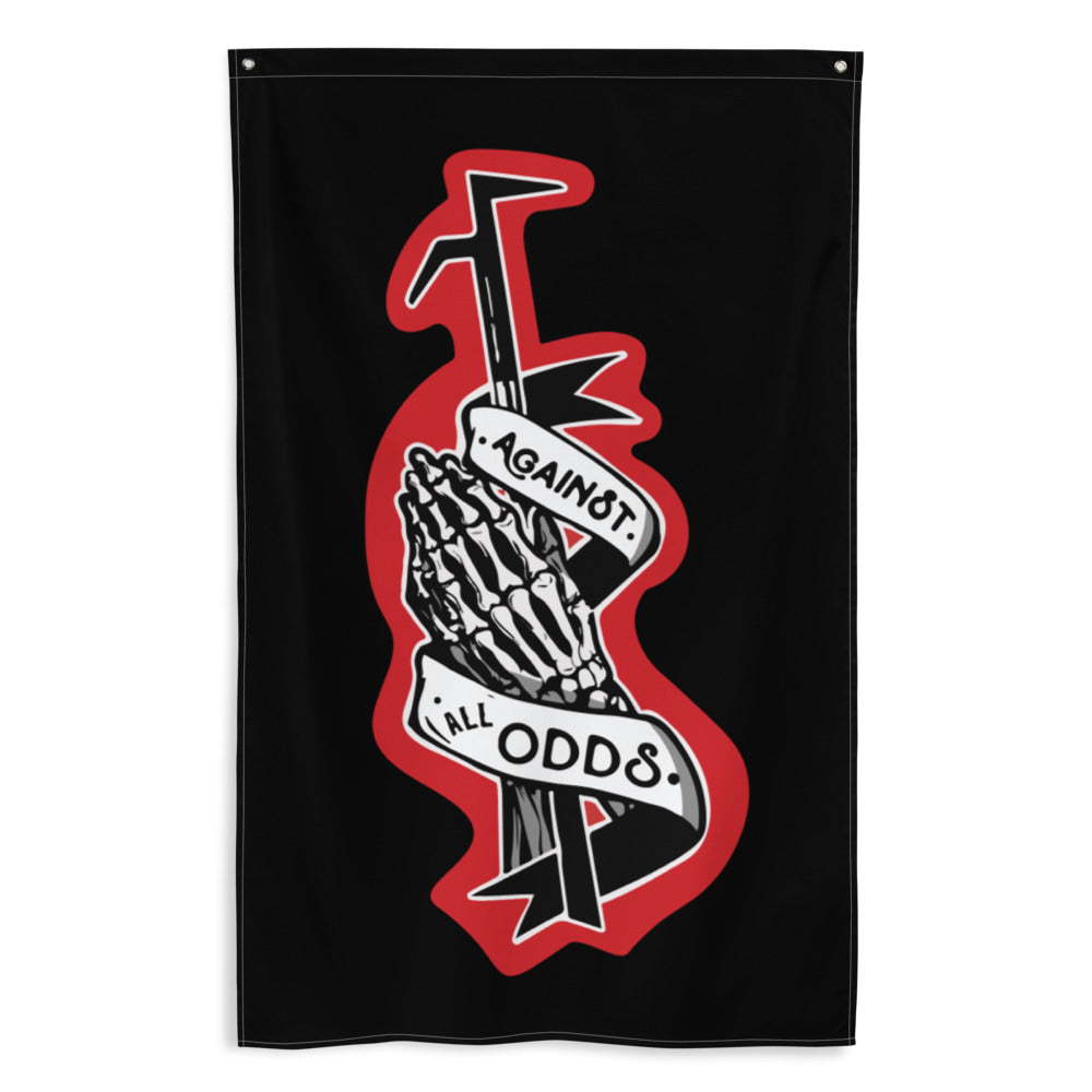 Firefighter New York Hook Black flag with a graphic design of a skeleton hand holding an axe, against odds banner, and hammer on a black background.