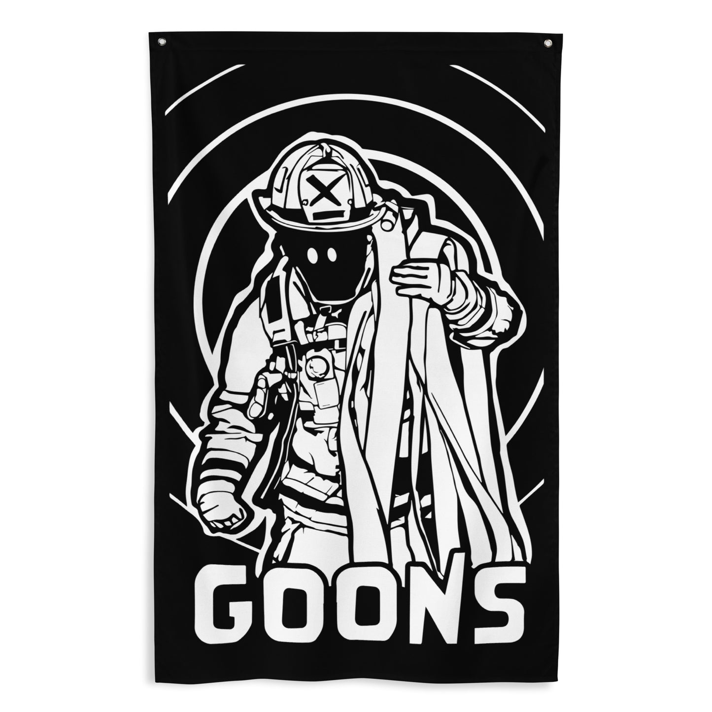 Firefighter Engine Black and white illustration of a character in a helmet with 'GOONS' text on a black background